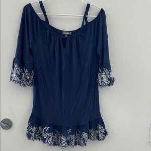 Neiman Marcus Navy Blouse with White Embroidery